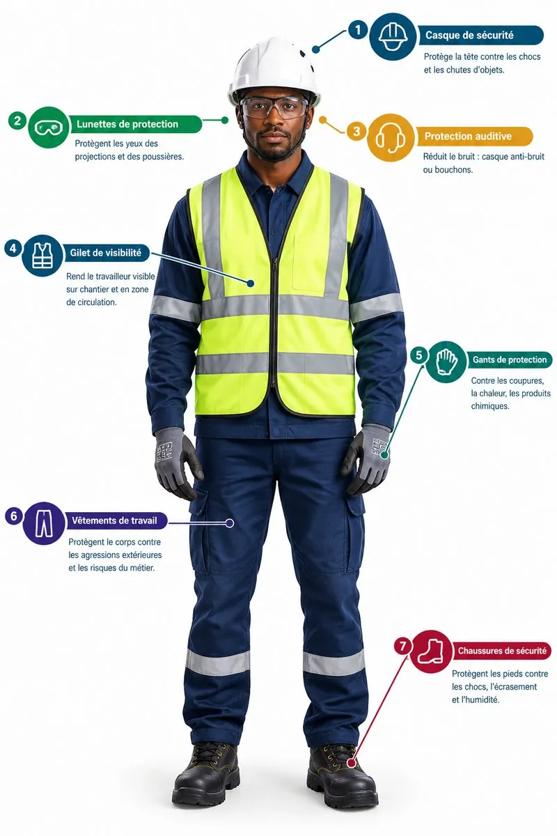 Mannequin équipé de ses EPI : casque, lunettes, protection auditive, gilet, gants, vêtements de travail et chaussures de sécurité